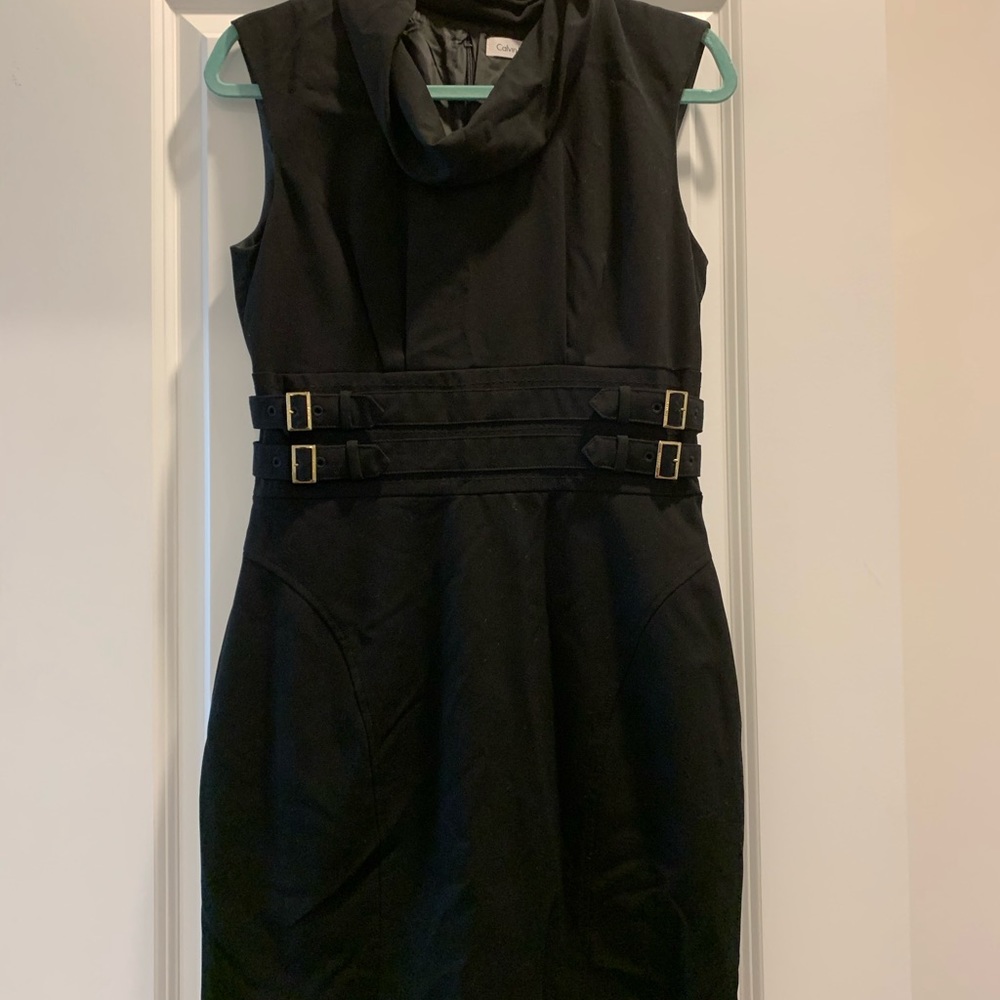 Calvin Klein Cowl Neck Black Dress w/ Gold Buckles, Size 8
